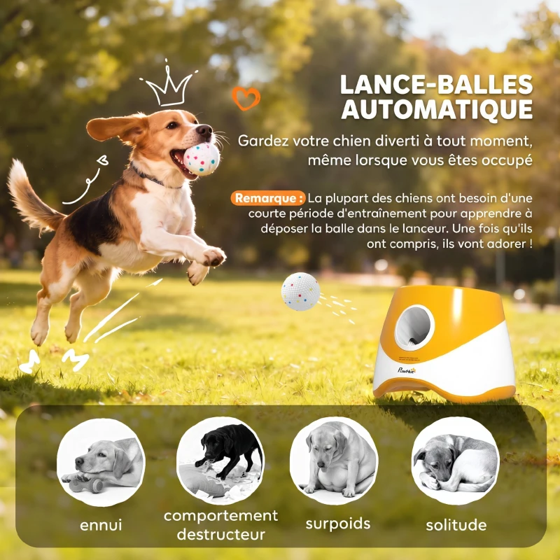 PawHut Lanceur de Balles Automatique avec 3 Balles en ETPU, 3 Réglages de Distance 6m/10m/14m, Intérieur et Extérieur, Orange