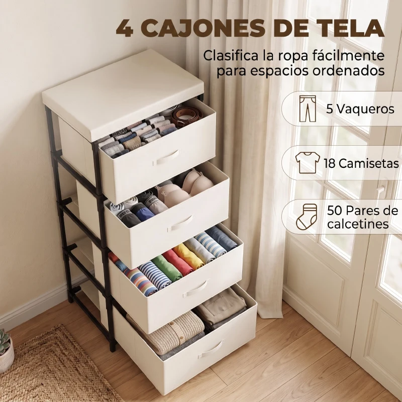 HOMCOM Cómoda para Dormitorio con 4 Cajones de Tela Marco de Acero Cajonera para Salón Oficina Vestidor Beige
