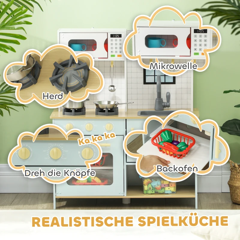 AIYAPLAY Speelgoedkeuken voor kinderen met magnetron, kookplaat, oven en keukengerei, compacte speelkeuken met opbergruimte voor kinderen vanaf 3 jaar, blauw