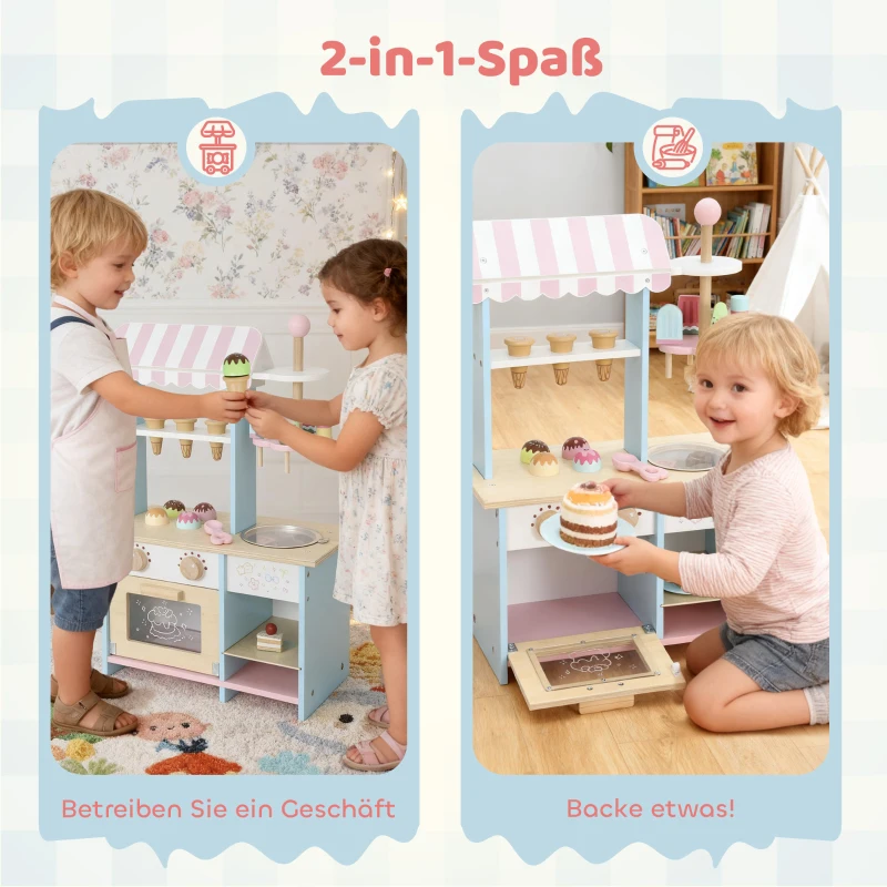 AIYAPLAY Eiswagen für Kinder Eisdiele Kinder 17 Stück Eis Kinderküche mit 17 Zubehörteile, Ofen, MDF, Hellblau