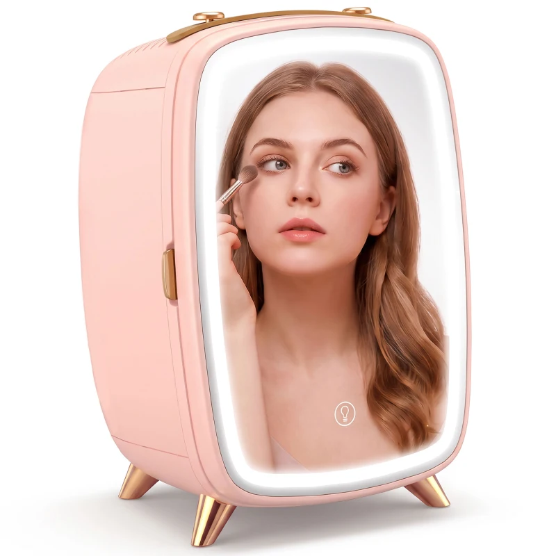 HOMCOM Skincare Refrigerator, 6L Mini Cosmetic Fridge with LED Mirror, Cooling Function for Bedroom, Skincare, Office, Pink