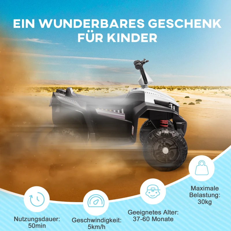 AIYAPLAY Elektrische Kinderquad, Licht & Muziek, Ophanging, 5 km/u, 50 Min. Rijtijd, voor 3-5 Jaar, Wit