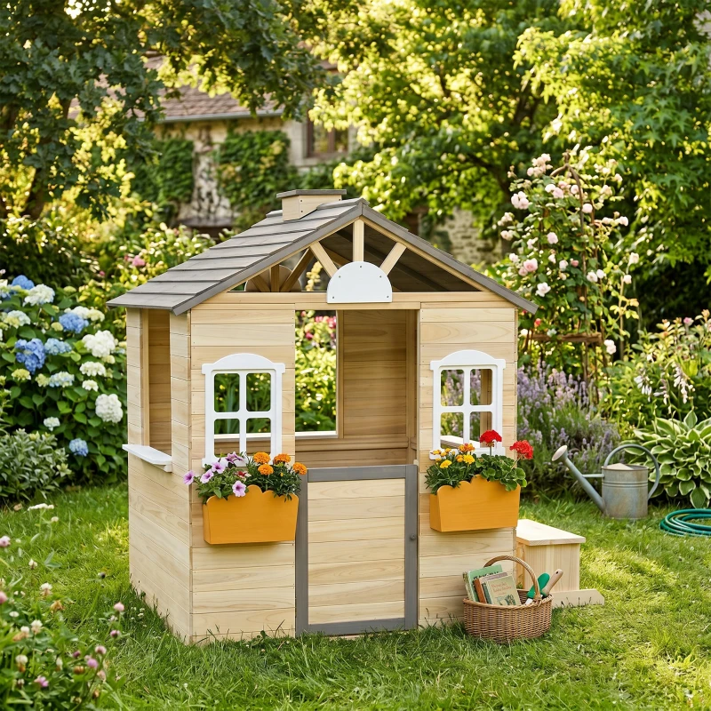 Outsunny Casita Infantil de Juegos Exterior para Niños de 3 -7 Años con Ventanas 2 Jardineras y 1 Banco 113x94x134,5 cm Natural