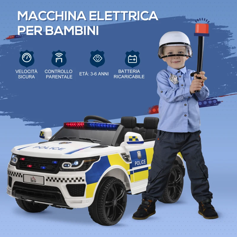 HOMCOM Macchina Elettrica per Bambini della Polizia, 12V Auto Elettrica per Bambini con Telecomando, Sirena Luci Attacco USB per Musica, 110x68x52cm, Bianco