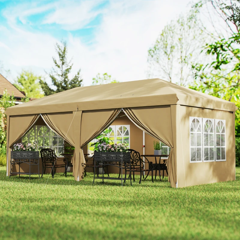 Outsunny Tonnelle barnum pliant pop-up imperméabilisé 6 x 3 x 2,7 m 4 parois latérales amovibles 4 fenêtres sac de transport kaki