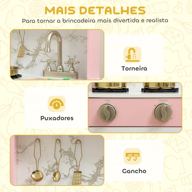 AIYAPLAY Cozinha de Brincar em Madeira com Som Acessórios em Aço Inoxidável Micro-Ondas Forno Lava-Loiças Legumes para Cortar 55x24x96 cm Rosa