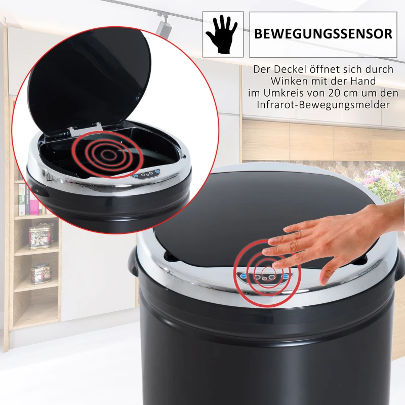 HOMCOM Afvalemmer met Bewegingssensor, roestvrij staal, 30,5 cm x 30,5 cm x 81,5 cm, Zwart