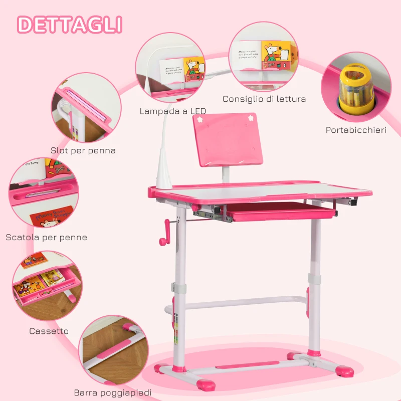 HOMCOM Set Scrivania per Bambini 6-12 Anni con Sedia Regolabile in Altezza, Cassetto, Luce e Piano Inclinabile, Rosa