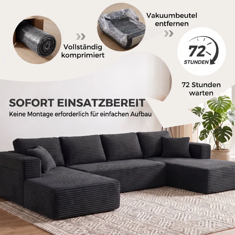 HOMCOM Modulaire U-bank met 2 chaise longues, corduroy slaapbank met schuim met hoge dichtheid en veerondersteuning, donkergrijs