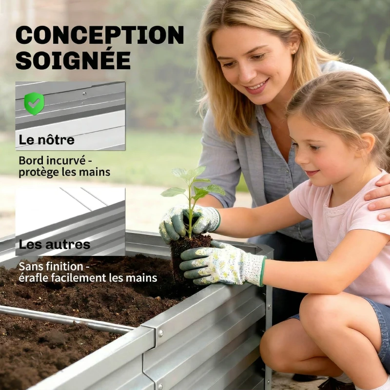 Outsunny Carré potager de jardin rectangulaire tôle d'acier ondulée 120 x 60 x 30,5 cm argent