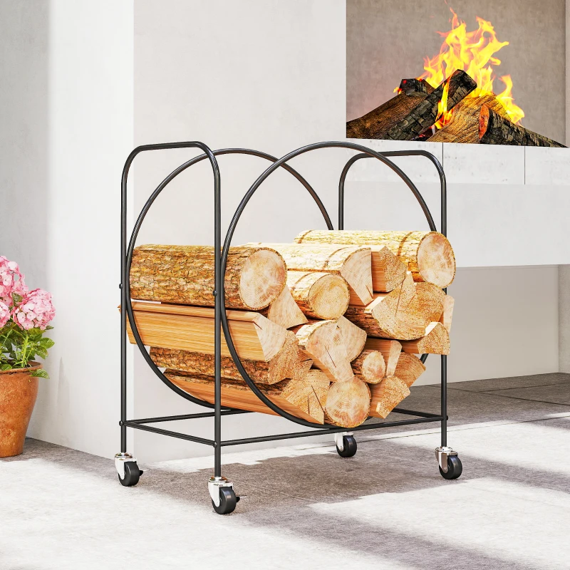 Outsunny Leñero Exterior Metálico de Chimenea Soporte para Leña con Ruedas para Interior y Exterior 51x30x60 cm Negro