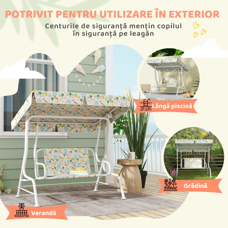 AIYAPLAY Leagăn pentru Copii de Exterior cu 2 Locuri, Acoperiș Reglabil și Centuri de Siguranță, 112x75x120 cm, Alb