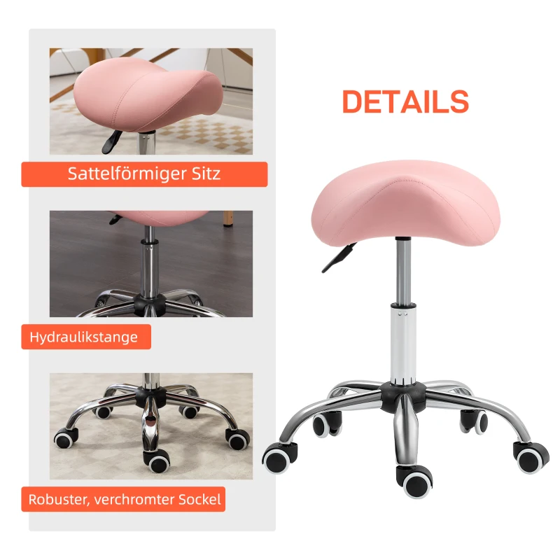 HOMCOM Rolkruk In Hoogte Verstelbaar 49-61 cm Praktijkkruk 360° Draaibaar Kruk Bureaukruk Voor Kantoor Salon Massage Spa Roze
