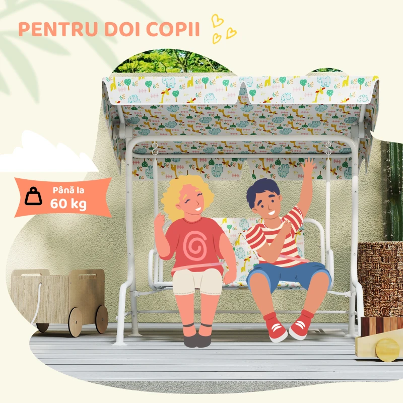 AIYAPLAY Leagăn pentru Copii de Exterior cu 2 Locuri, Acoperiș Reglabil și Centuri de Siguranță, 112x75x120 cm, Alb
