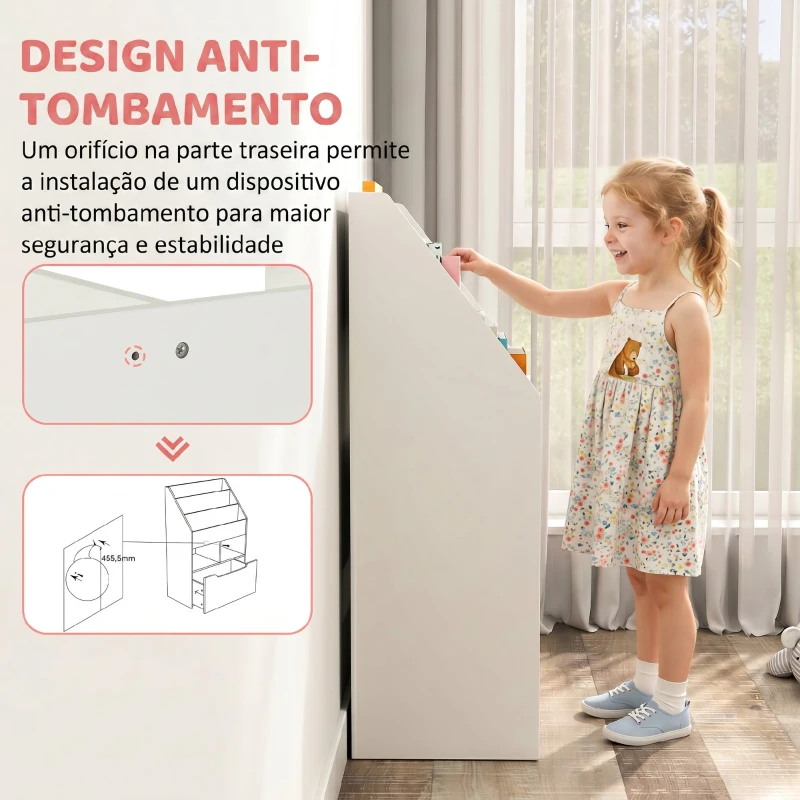 HOMCOM Estante de Madeira para Brinquedos com 3 Compartimentos 2 Cubos e Gaveta Móvel com 4 Rodas Estante para Livros Infantil para Dormitório Infantil Sala de Jogos 60x29,9x90cm Branco