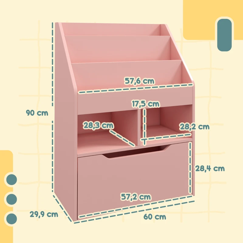 HOMCOM Estantería Infantil de Madera con 3 Compartimentos 2 Cubos y Cajón Móvil con 4 Ruedas 60x29,9x90 cm Rosa
