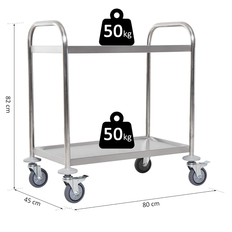 HOMCOM Chariot de service desserte de cuisine à roulettes 2 étagères 80L x 45l x 82H cm acier inox. chromé