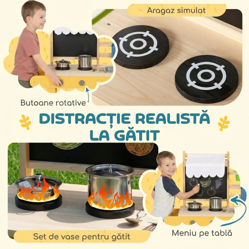 AIYAPLAY Bucătărie din Lemn pentru Copii cu 15 Accesorii, Bucătărie de Jucărie pentru Copii, Galbenă