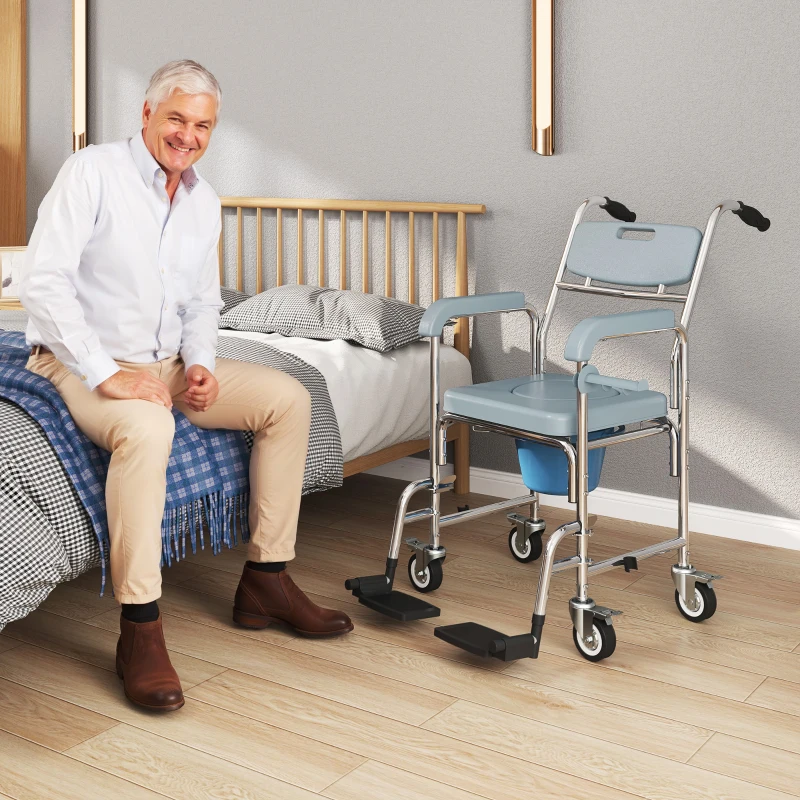 HOMCOM Chaise percée adulte à roulettes, chaise percée de douche avec repose-pieds, dossier et accoudoirs, 53x97x97cm, gris