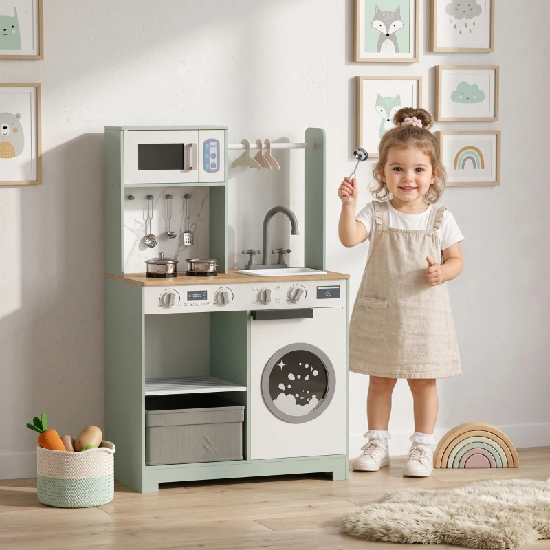 AIYAPLAY Cuisine enfant jouet d'imitation, dinette enfant avec cuisinière, évier, micro-ondes, 5 accessoires, vert