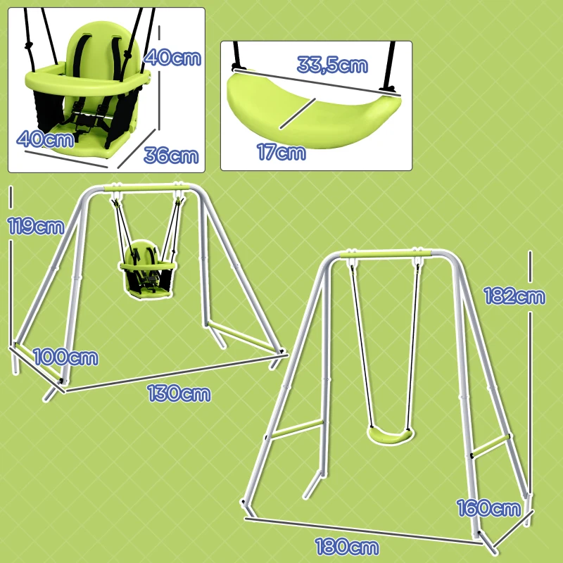 Outsunny Balançoire portique balançoire 2 en 1 pour bébé ceinture de sécurité à 5 points intérieure extérieure vert