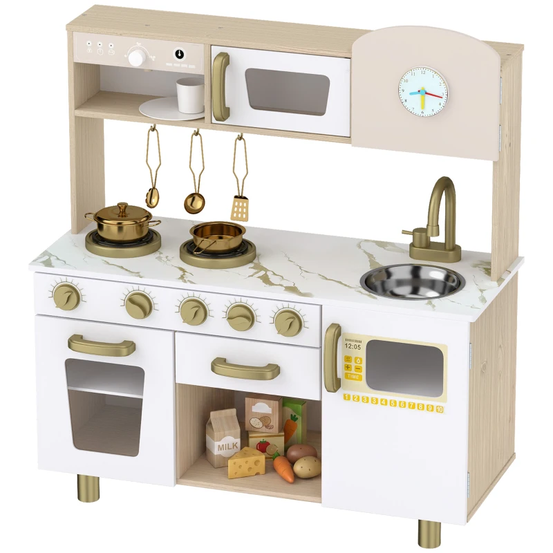 AIYAPLAY Play Kitchen, Kids Kitchen Playset with Rotating Coffee Machine, Storage Shelf, Stove, Gift for Kids 3-6 Years, White