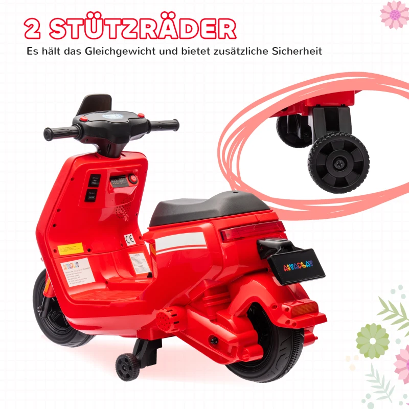 AIYAPLAY 6V Elektrische Kindermotor met Koplamp en Muziek, Voor- en Achteruit, Trainingswielen, 18-36 Maanden, Rood