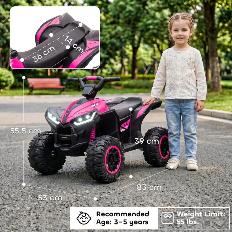 HOMCOM 12V Ride-On Quad Bike w/ Music, Horn, for Ages 3-5 Years - Pink