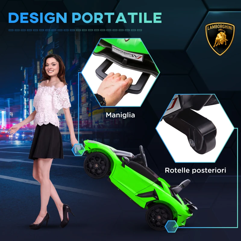 HOMCOM Macchina Elettrica per Bambini a 12V Licenza Lamborghini con Clacson e Telecomando, 107.5x64.5x47 cm, Verde