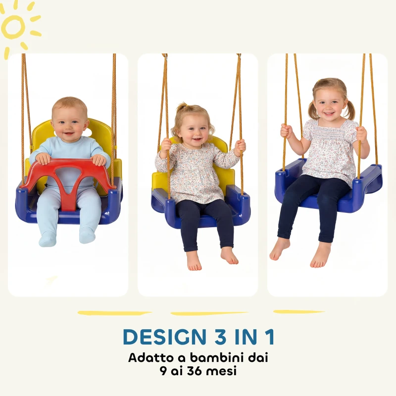 Outsunny Altalena per Bambini Altalena da Giardino 3 in 1, 42x33x120-180 cm, Blu