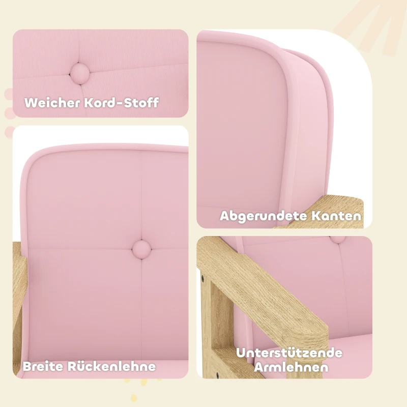 AIYAPLAY kinderfauteuil met ribstof-look, massieve houten poten, schuimstoel voor kinderkamer en speelkamer, 46,5 x 44 x 45 cm, voor kinderen 3-8 jaar Roze
