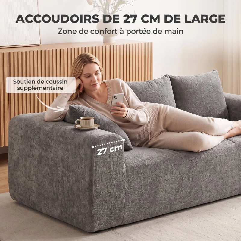 HOMCOM Canapé 3 Places en Chenille 220 cm, Canapé Salon Moderne avec Assise et Accoudoirs Larges, 3 Coussins, Gris