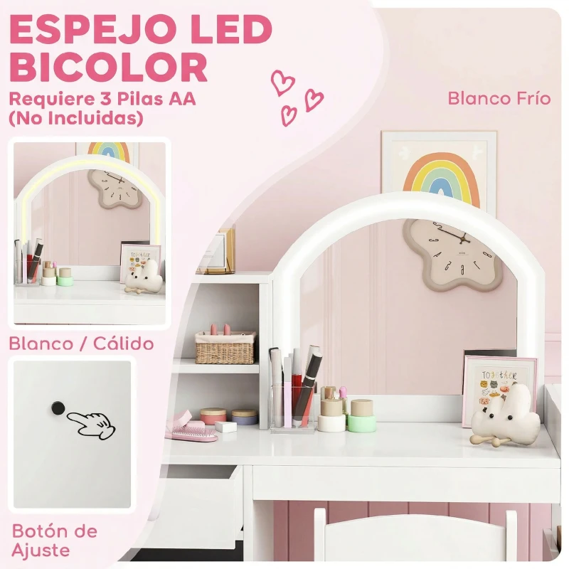 AIYAPLAY Tocador de Maquillaje Niña Tocador Infantil con Taburete y Espejo con Luces LED 1 Cajón Armario y 5 Estantes Blanco