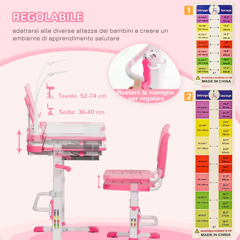 HOMCOM Set Scrivania per Bambini 6-12 Anni con Sedia Regolabile in Altezza, Cassetto, Luce e Piano Inclinabile, Rosa