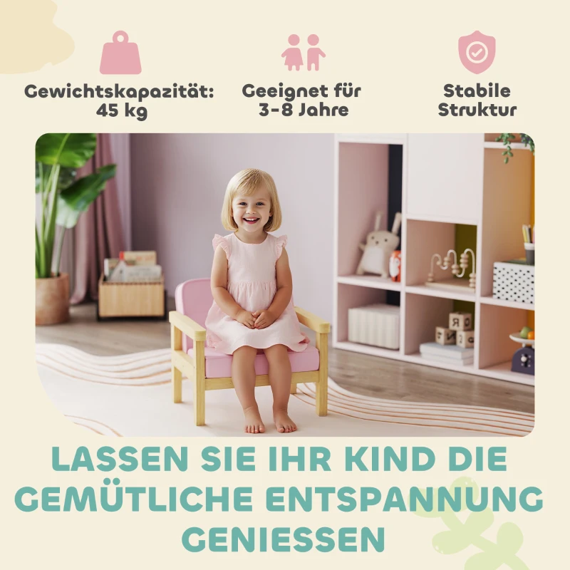 AIYAPLAY kinderfauteuil met ribstof-look, massieve houten poten, schuimstoel voor kinderkamer en speelkamer, 46,5 x 44 x 45 cm, voor kinderen 3-8 jaar Roze