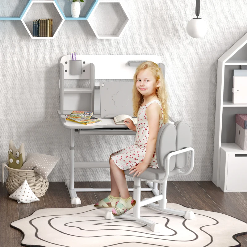 AIYAPLAY Set Scrivania e Sedia per Bambini Regolabili, Banco Scuola con Piano Inclinabile, Cassetto, Scaffale, Grigio