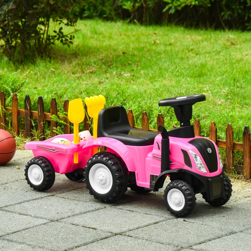 HOMCOM Tractor sin Pedales para Niños de 12-36 Meses con Remolque Extraíble Coche Correpasillos con Bocina Faros Pala Asiento de Suelo 25 cm y Rastrillo Carga 25 kg 91x29x44 cm Rosa