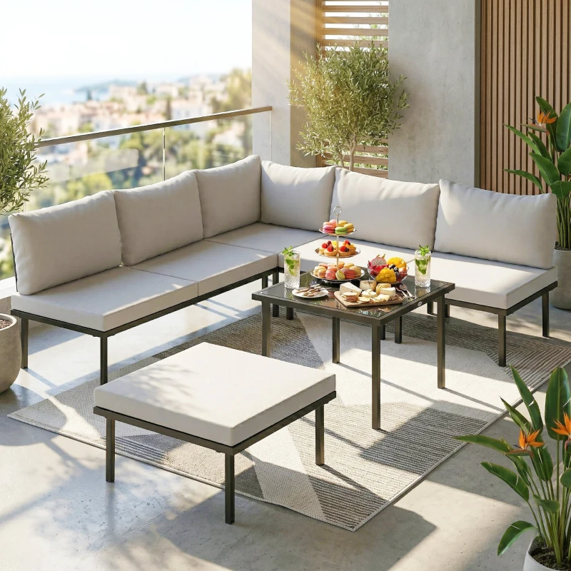 Outsunny Conjunto de Jardín Exterior de 6 Piezas con Sofá 2 Plazas Módulo de Esquina 2 Sillones Reposapiés Mesa de Vidrio Gris
