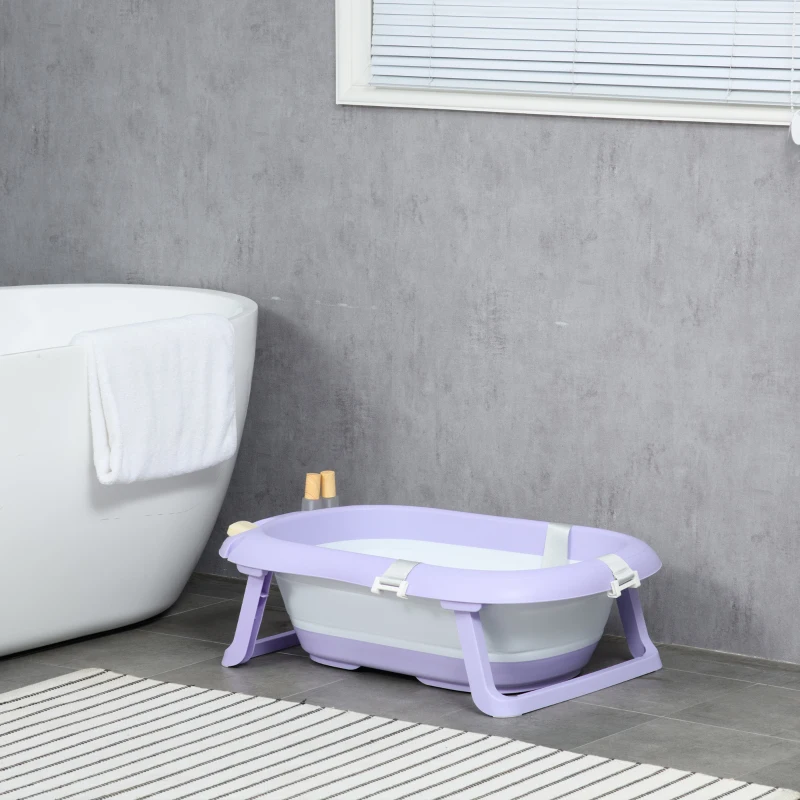ZONEKIZ Vaschetta Bagnetto Pieghevole Bambini 0-6 Anni con Cuscino e 2 Ripiani, 83x48x23.5 cm, Viola e Bianco