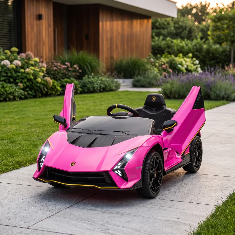 AIYAPLAY Mașină Electrică pentru Copii 3-6 Ani 12V Lamborghini Autentica, 2 Motoare, Uși Tip Foarfecă, Suspensii, Roz