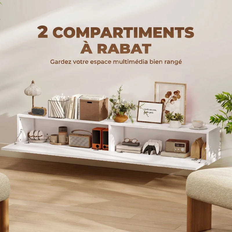 HOMCOM Meuble TV suspendu 140cm, meuble télé pour téléviseur 72 pouces, 2 portes rabattables, 140x25x22cm, blanc