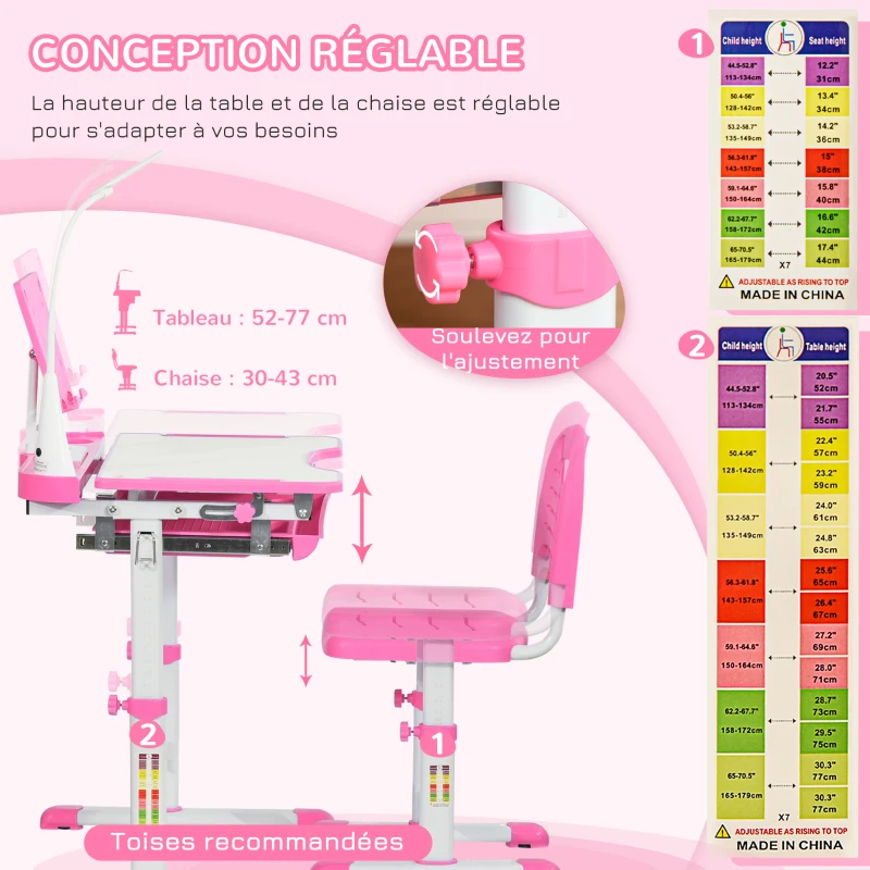HOMCOM Ensemble chaise et bureau pour enfants avec lampe LED hauteur réglable plateau incliné support de lecture rose