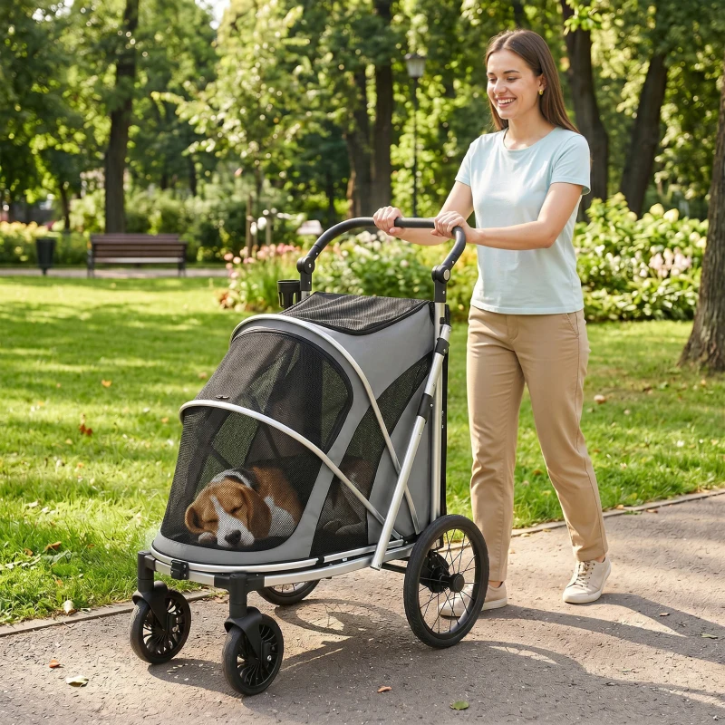 PawHut Dog Stroller, Easy Folding Pet Stroller for Small and Medium Dogs with Shock Absorption, Maximum Load 20 kg, Grey