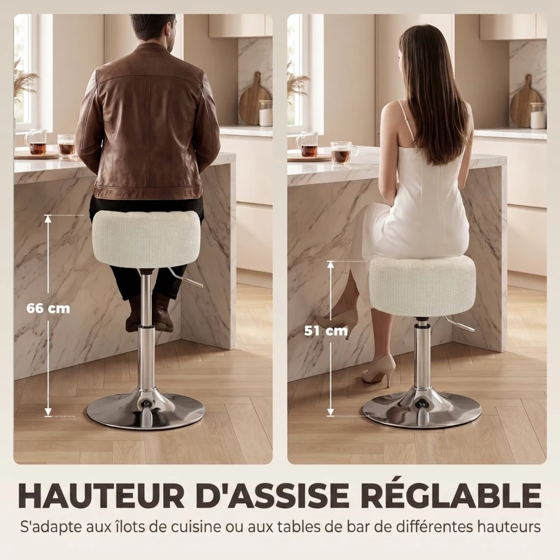 HOMCOM Tabouret de coiffeuse en chenille, tabouret de maquillage pivotant, tabouret de bar réglable en hauteur 51-66 cm, crème