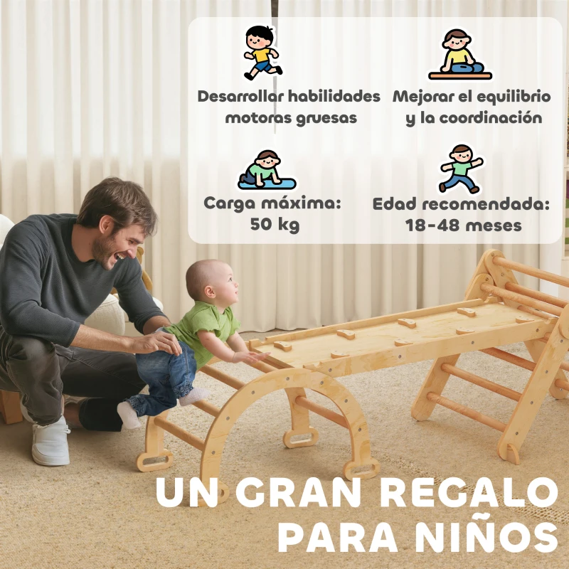 AIYAPLAY 7 en 1 Triángulo de Escalada Montessori de Madera Plegable con Arco y Rampa para Niños 18-48 Meses 188x70 cm Natural