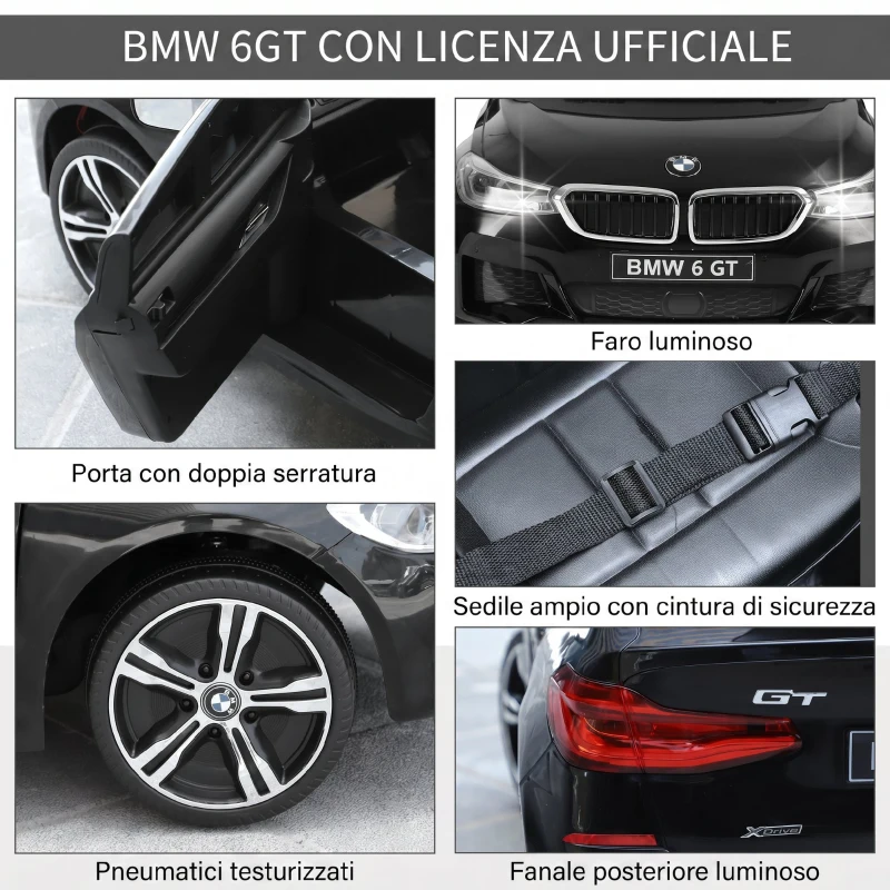 HOMCOM Macchina Elettrica per Bambini BMW 6GT 6V, Macchina Telecomandata con Musica e Fari LED, MP3, Clacson, 106 x 64 x 51 cm, Nero