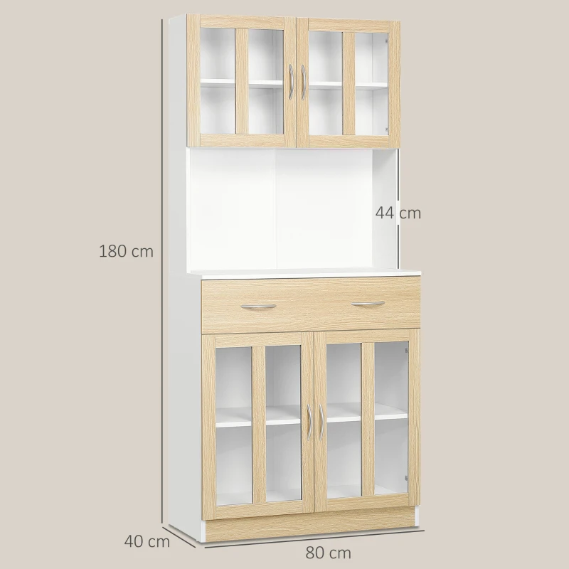 HOMCOM Buffet haut de Cuisine Armoire de Cuisine Multi-Rangement 4 Portes vitrine Verre avec étagère tiroir Coulissant Grand Plateau en Bois Blanc Aspect chêne Clair
