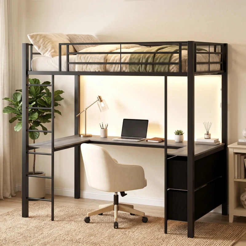 HOMCOM Metal Bunk Bed with Desk, High Sleeper Bed with LED Light and Safety Guardrail for Teens Adults, No Box Spring Needed