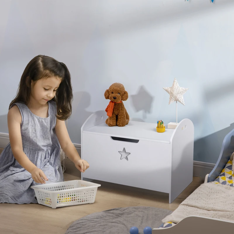 HOMCOM Spielzeugkiste aus Holz Sitzbank für Kinder Sitztruhe Aufbewahrungsbox für Kinderzimmer Bücher Spielzeug Spieltruhe für Kinder Sicherheitsscharnier Weiß 62 x 40 x 46,5 cm