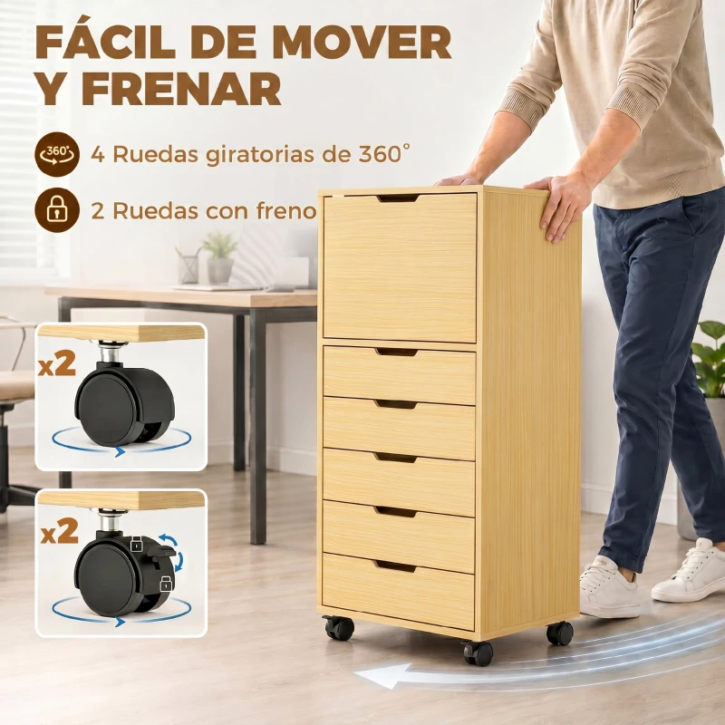 HOMCOM Cajonera de Oficina con 5 Cajones Ruedas y Armario con Cierre Suave Soporte para Impresora Natural
